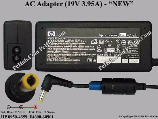 HP Common Item (HP) AC Adapter- Laptop 19V 3.95A, 5.5/2.5mm, 2-Prong, New