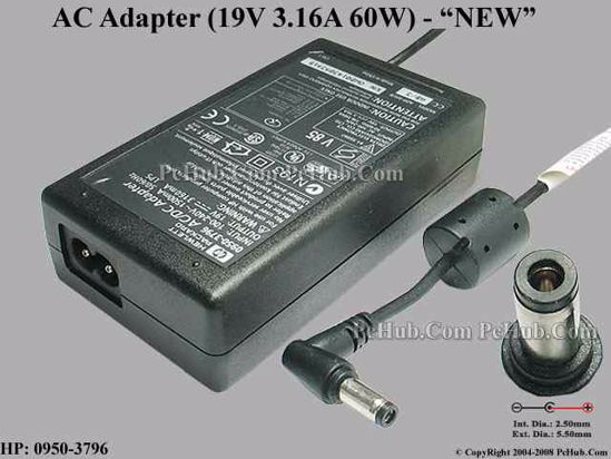 HP Common Item (HP) AC Adapter 13V-19V 19V 3.16A, 5.5/2.5mm, 2-Prong, New