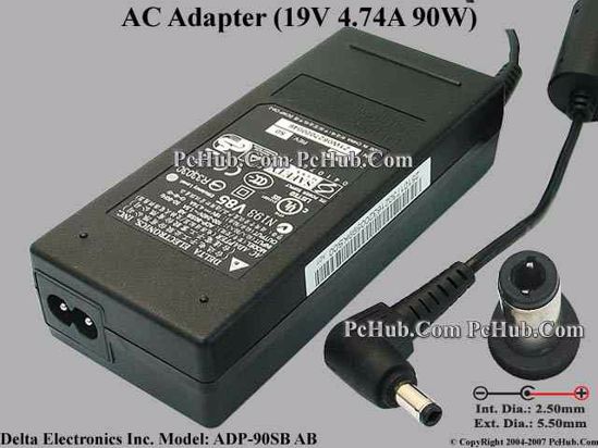 Delta Electronics ADP-90SB AB AC Adapter- Laptop 19V 4.74A, 5.5/2.5mm, 2-Prong