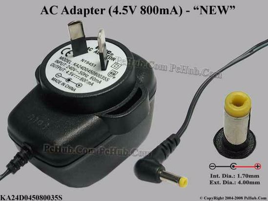 Ktec KA24D045080035S AC Adapter- Laptop 4.5V 0.8A, (1.7/4.0), NEW, (AC-240V)