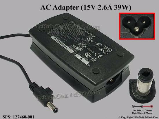 Compaq Aero 8000 AC Adapter- Laptop 127460-001, 15V 2.6A, Tip A