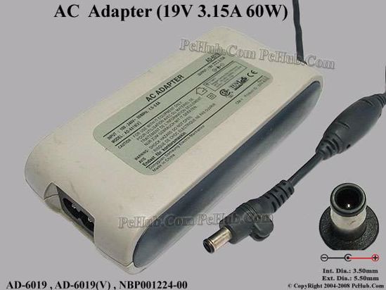 Samsung Laptop Common Item (Samsung Laptop) AC Adapter- Laptop AD-6019, 19V 3.15A, Tip I