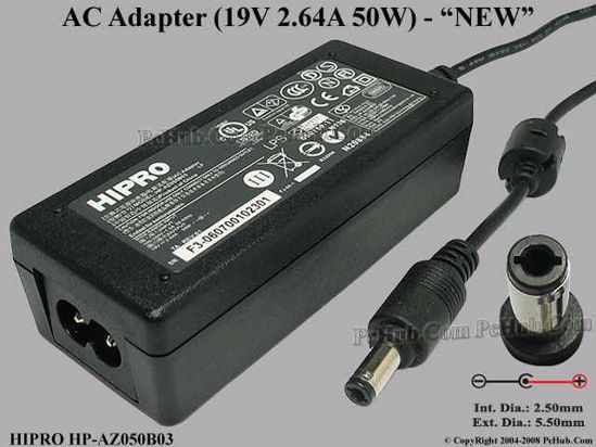 HIPRO HP-AZ050B03 AC Adapter- Laptop 19V 2.64A, Barrel 5.5/2.5mm 2-Prong, New