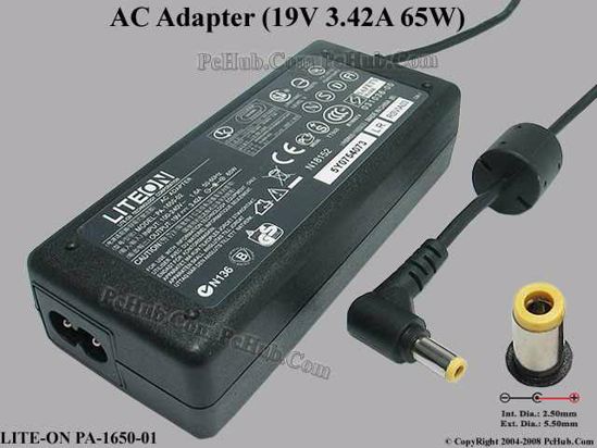 LITE-ON PA-1650-01 AC Adapter- Laptop 19V 3.42A, 5.5/2.5mm, 2-Prong