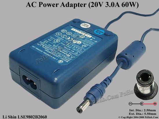 Li Shin LSE9802B2060 AC Adapter- Laptop 20V 3A, 5.5/2.5mm, 2-Prong