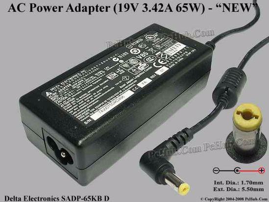 Delta Electronics SADP-65KB AC Adapter- Laptop 19V 3.42A, 5.5/1.7mm, 3-Prong,NEW