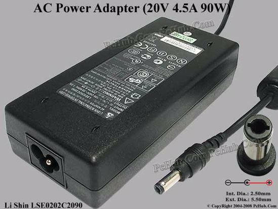 Li Shin LSE0202C2090 AC Adapter- Laptop 20V 4.5A, 5.5/2.5mm 12mm Length, 3-Prong