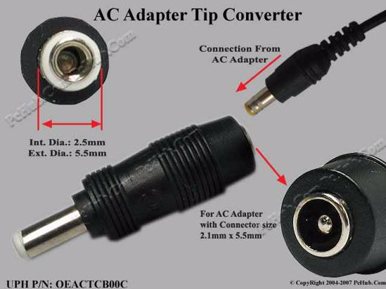 ACP Plug DC Tip Converter 5.5/2.1mm to 5.5/2.5mm Plug, Straight, Female To