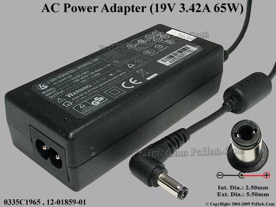 Li Shin 0335C1965 AC Adapter- Laptop 19V 3.42A, 5.5/2.5mm, 2-Prong