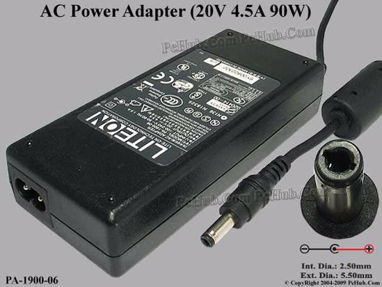 LITE-ON PA-1900-06 AC Adapter- Laptop 20V 4.5A, 5.5/2.5mm 12mm Length, 2-Prong