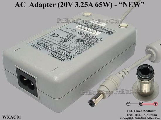 Sotec Common Item (Sotec) AC Adapter- Laptop 20V 3.25A, 5.5/2.5mm, 2-Prong, New