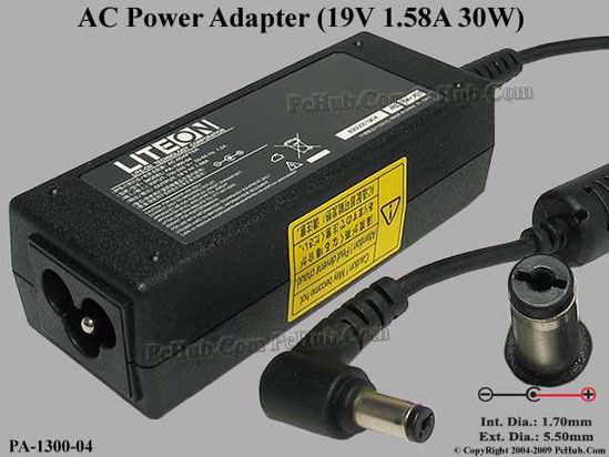 LITE-ON PA-1300-04 AC Adapter- Laptop 19V 1.58A, 5.5/1.7mm, 3-Prong, New