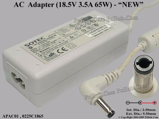 Sotec Common Item (Sotec) AC Adapter- Laptop 18.5V 3.5A, 5.5/2.5mm 12mm, 3-P, White, New