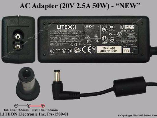 LITE-ON PA-1500-01 AC Adapter- Laptop 20V 2.5A, 5.5/2.5mm, 2-Prong