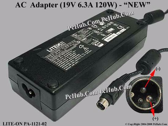 LITE-ON PA-1121-02 AC Adapter- Laptop 19V 6.3A, 3-Pin P2=V