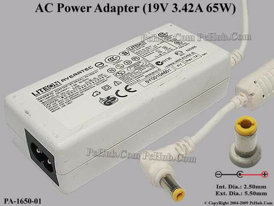 Averatec Common Item (Averatec) AC Adapter- Laptop 19V 3.42A, 5.5/2.5mm, 2-Prong, White