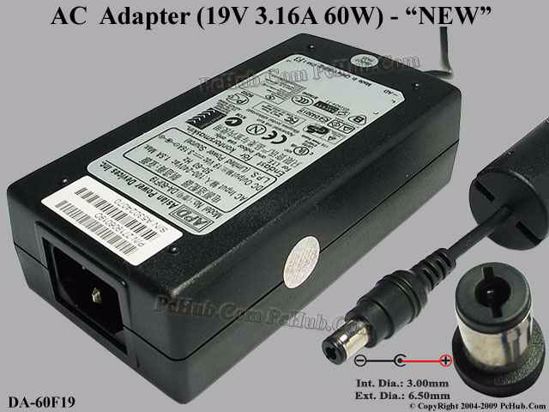 APD / Asian Power Devices DA-60F19 AC Adapter- Laptop 19V 3.16A, 6.5/3.0mm, C14, New