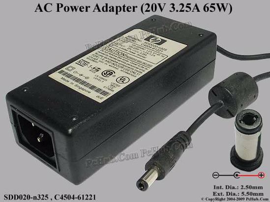 HP Common Item (HP) AC Adapter- Laptop 20V 3.25A, 5.5/2.5mm 12mm Length, C14