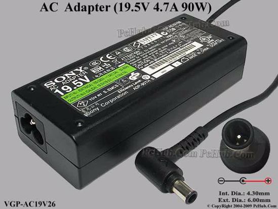 Sony Vaio Parts AC Adapter- Laptop VGP-AC19V26, 19.5V 4.7A, Tip E