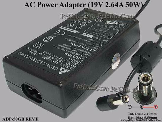 Delta Electronics ADP-50GB REV.E AC Adapter- Laptop 19V 2.64A, 5.5/2.1mm, 2-Prong