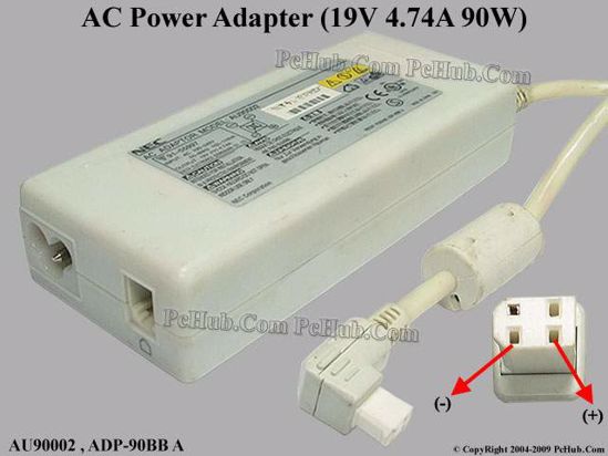 NEC Common Item (NEC) AC Adapter- Laptop 19V 4.74A, 4-Hole Rectangular, 3-Prong, White