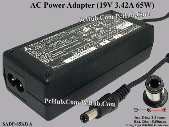 Delta Electronics SADP-65KB AC Adapter- Laptop 19V 3.42A, 5.5/2.5mm, 2-Prong