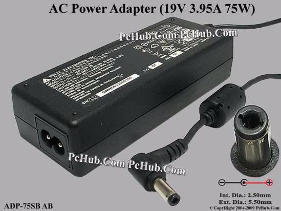 Delta Electronics ADP-75SB AB AC Adapter- Laptop 19V 3.95A, 5.5/2.5mm 12mm, 2-Prong