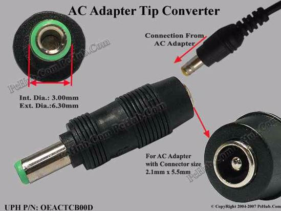 ACP For Laptop DC Tip Converter 5.5/2.1mm to Toshiba 6.3/3.0mm Plug, Straight, Fe