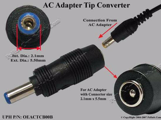 ACP Plug DC Tip Converter 5.5/2.1mm to 5.5/2.1mm Plug, Straight, Female To M