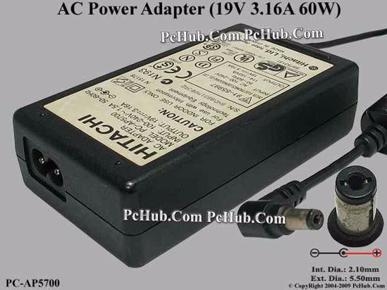 Hitachi Common Item (Hitachi) AC Adapter- Laptop 19V 3.16A, 5.5/1.7mm 2-Prong