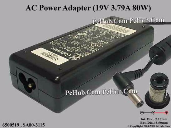 Gateway Common Item (Gateway) AC Adapter- Laptop 6500519, 19V 3.79A, Tip B