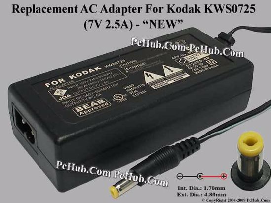 UPH For Kodak Camera- AC Adapter KWS0725, 7V 0.5A, (1.7/4.8), (2-prong)