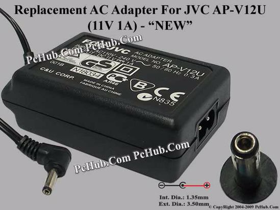 UPH For JVC Camera- AC Adapter AP-V12U, 11V 1A, (1.35/3.5mm), (2-Prong)