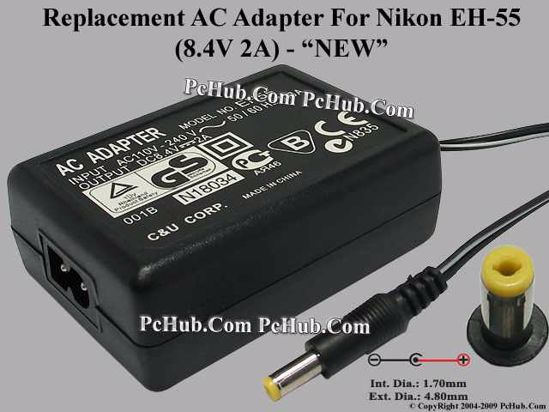 UPH For Nikon Camera- AC Adapter EH-55, 8.4V 2A, (1.7/4.8mm), (2-Prong)