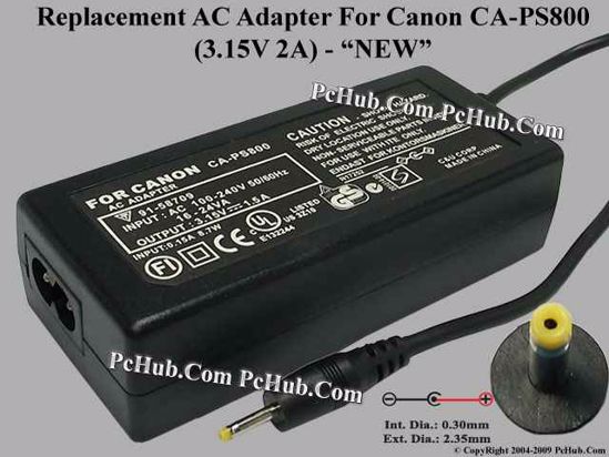 UPH For Canon Camera- AC Adapter CA-PS800, 3V 2A, (0.3/2.35mm), (2-prong)