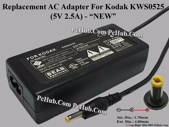 UPH For Kodak Camera- AC Adapter KWS0525, 5V 2.5A, (1.7/4.0), (2-prong)