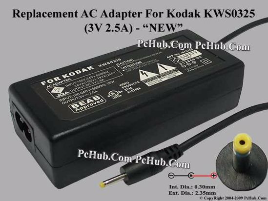 UPH For Kodak Camera- AC Adapter KWS0325, 3V 2.5A, (0.3/2.35mm), (2-prong)