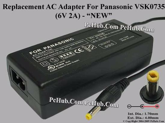 UPH For Panasonic Camera- AC Adapter VSK0735, 6V 2A, (1.7/4.0), (2-prong)