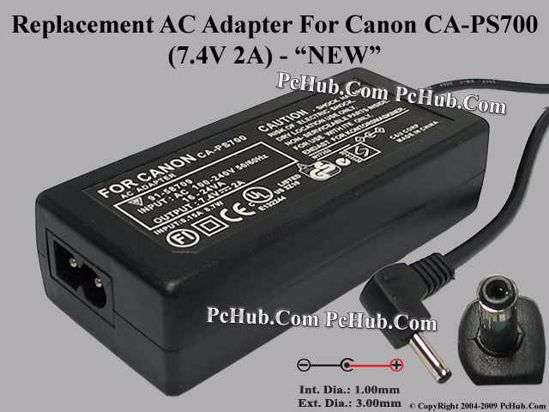 UPH For Canon Camera- AC Adapter 7.4V 2A, Barrel 4.0/1.00mm, 2-prong