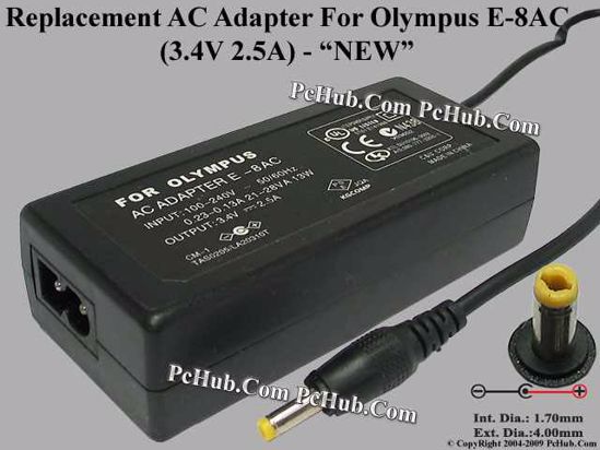 UPH For Olympus Camera- AC Adapter E-8AC, 3.4V 2.5A, (1.7/4.0mm), (2-prong)