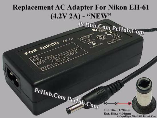 UPH For Nikon Camera- AC Adapter EH-61, 4.2V 2A, (1.7/4.0mm), (2-prong)