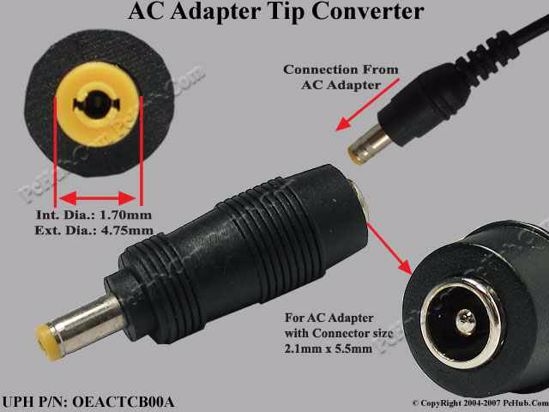 ACP Plug DC Tip Converter 5.5/2.1mm to 4.8/1.7mm Plug, Straight, Female To M