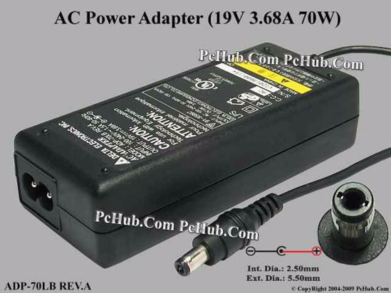 Delta Electronics ADP-70LB REV.A AC Adapter- Laptop 19V 3.68A, Tip C, (2-prong)