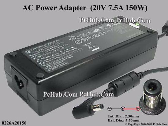 Li Shin 0226A20150 AC Adapter- Laptop 20V 7.5A, 5.5/2.5mm, 3-Prong