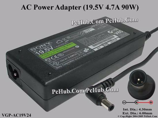 Sony Vaio Parts AC Adapter- Laptop VGP-AC19V24, 19.5V 4.7A, Tip E