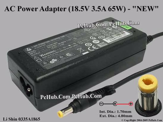 Li Shin 0335A1865 AC Adapter- Laptop 18.5V 3.5A, 4.8/1.7mm, 3-Prong, New