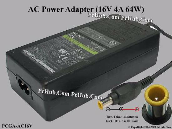 Sony Vaio Parts AC Adapter- Laptop PCGA-AC16V, 16V 4A, Tip E, (2-Prong)