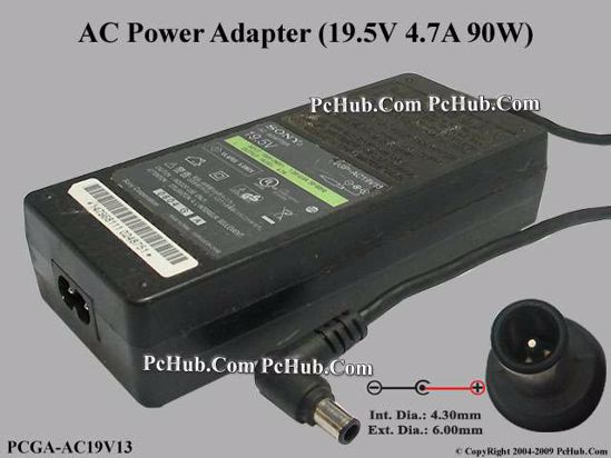 Sony Vaio Parts AC Adapter- Laptop 19.5V 4.7A, 6.0/4.3mm With Pin, 2-Prong