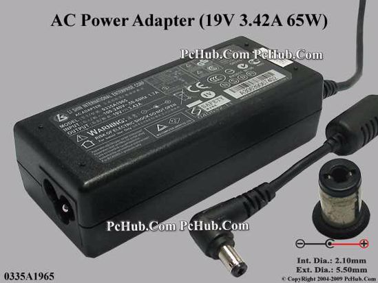 Li Shin 0335A1965 AC Adapter- Laptop 19V 3.42A, 5.5/2.1mm, 3-Prong