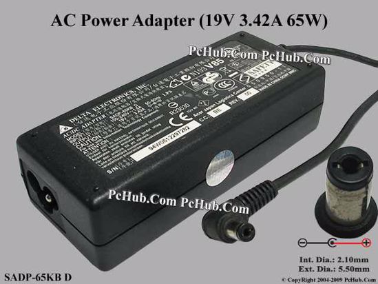 Delta Electronics SADP-65KB AC Adapter- Laptop 19V 3.42A, 5.5/2.1mm, 3-Prong